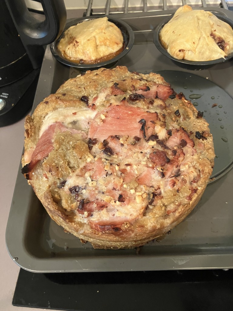 Cooked 'pie' and two mini pies in baking tins using up the left overs, as per post