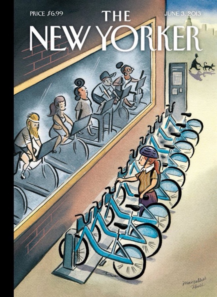 New Yorker cover showing people inside a gym on stationary bikes going nowhere, and outside a rack of bike-share bikes mostly unused. Ironic.