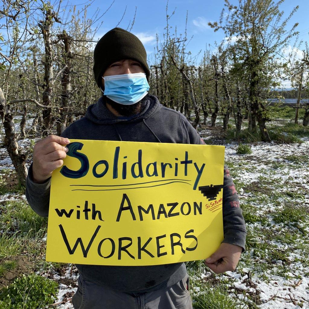 A farm worker holding a sign in a snowy field saying Solidarity with Amazon workers