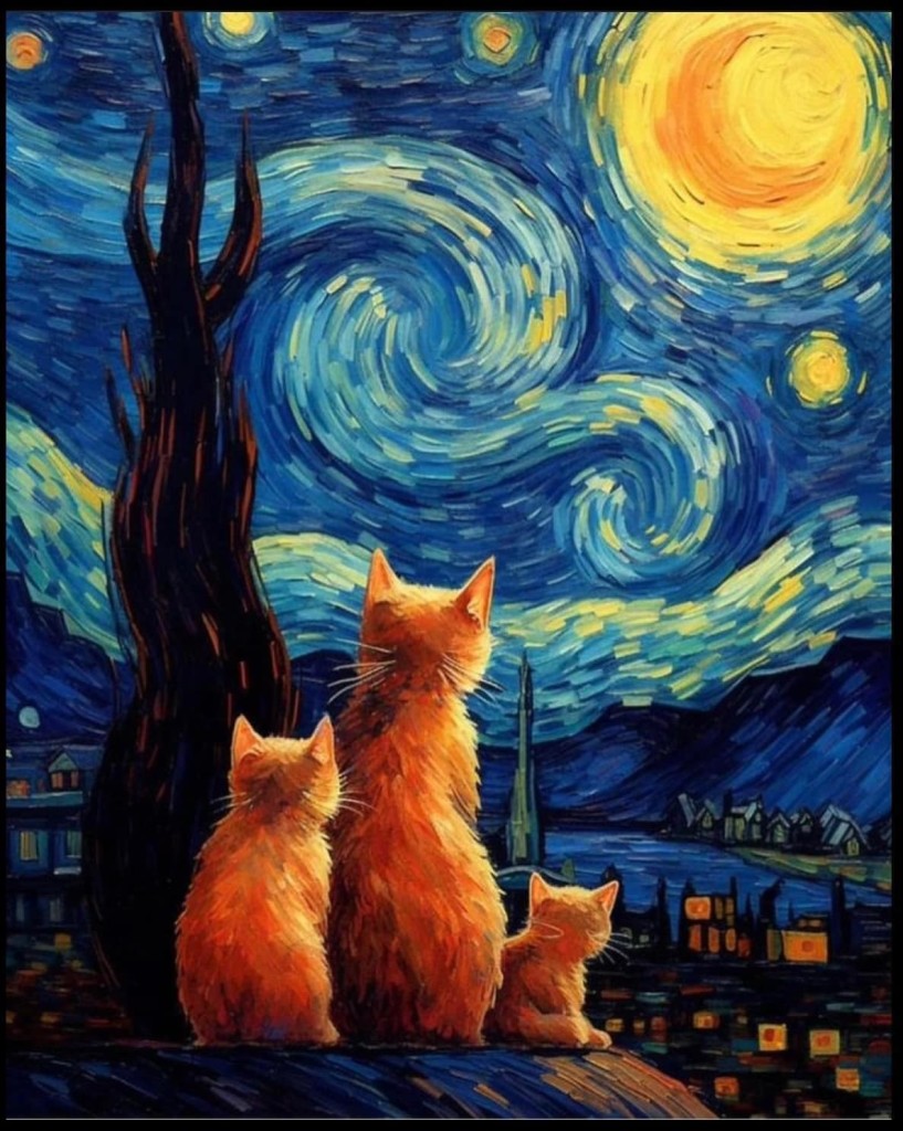 Art of orange kitties looking up at the moon. IDK the artist but she/he is very good