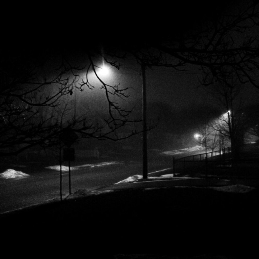 A foggy quiet street at night. The nearby street lights shine down onto the road where snow can be seen along the sides. The silhouetted branches of nearby trees can also be seen in this black and white image.