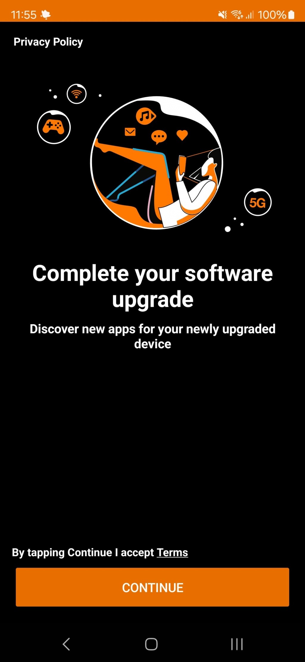 A screenshot of the welcome screen of the tool that launches with "Complete your OS upgrade". "By tapping Continue I accept Terms", and it doesn't give an option to not do this. Just closing this and/or swiping the notification off will just restore the same notification.