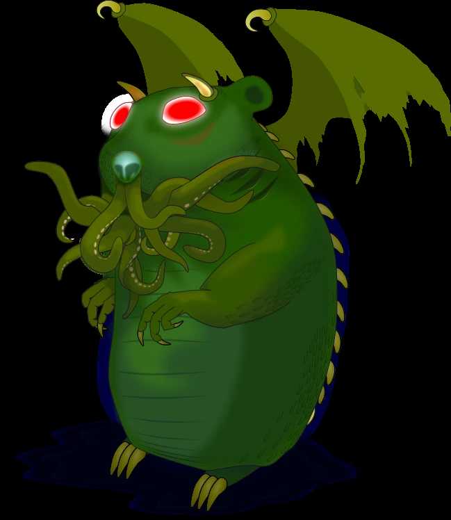 An in progress vector illustration of "Cthulu Hamster". He is basically a hamster, but green, with tentacles coming out of his mouth, claws, tattered wings and glowing red eyes. The image is almost complete with textures added on the tentacles and scales, but still lacks details on the wings.