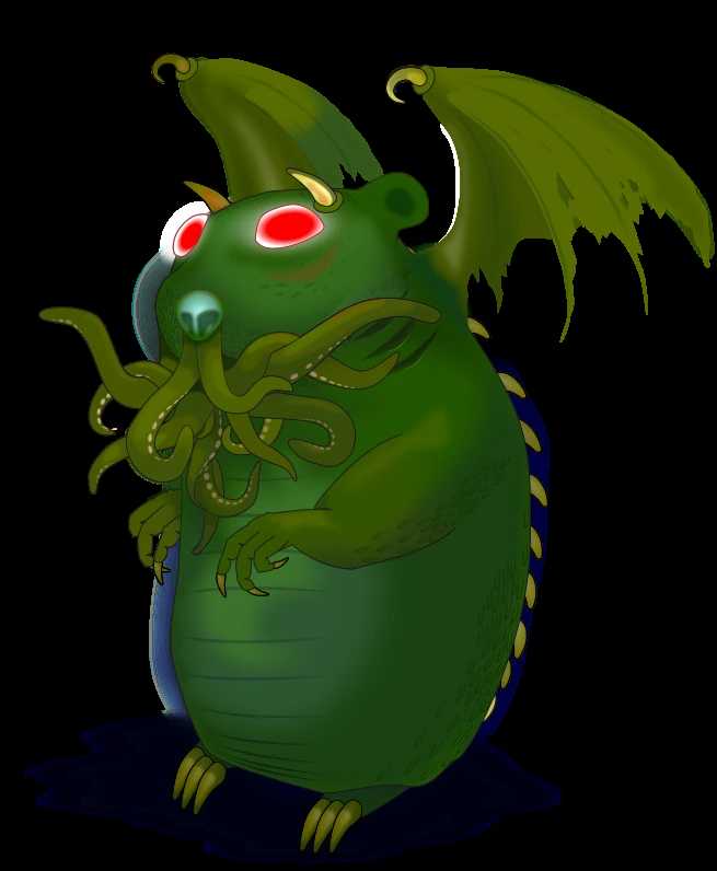 An in progress vector illustration of "Cthulu Hamster". He is basically a hamster, but green, with tentacles coming out of his mouth, claws, tattered wings and glowing red eyes. The image is pretty much complete, although it has no background.