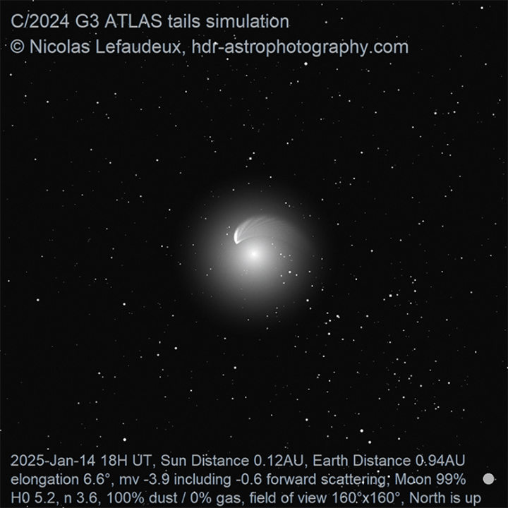 Still from visualization showing the comet shape and orientation on Jan 14, 18:00 UTC.
