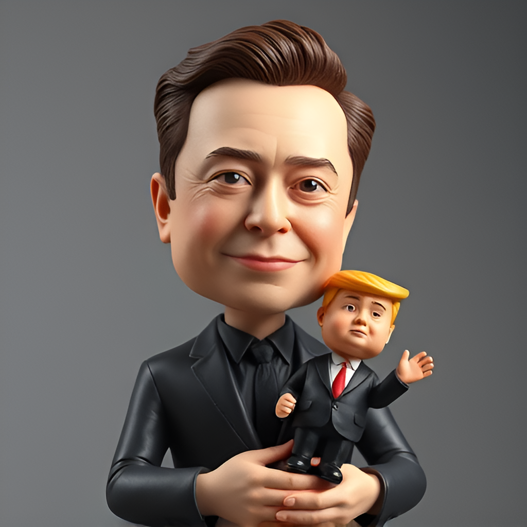 Elon Musk holding a tiny Donald Trump doll. 