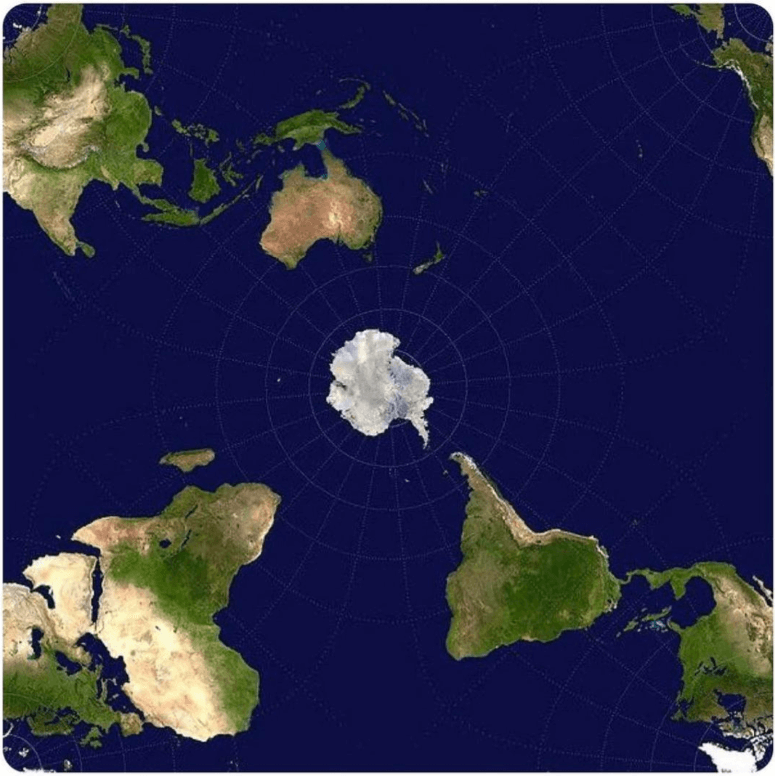 A world terrain map is plotted with antarctica as the centre, casting the remain continents at nearly unrecognisable angles and shapes.