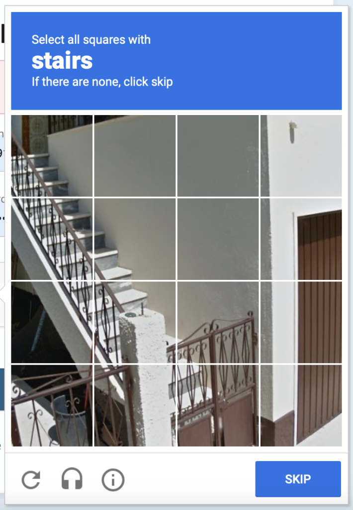 Screenshot: a captcha asking to select all squares with stairs in a photo