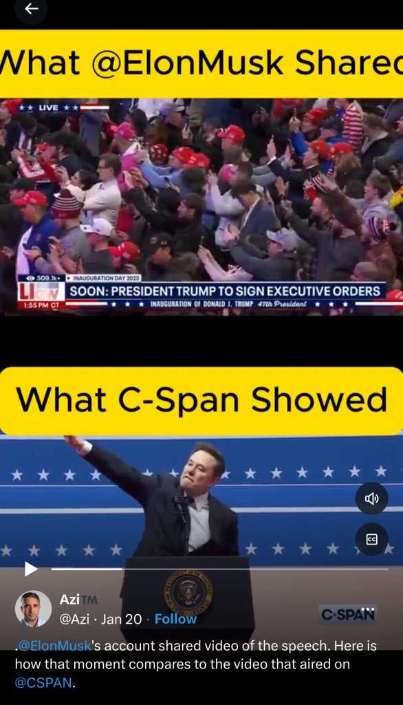 It is a shot of two videos. 

The top is what Elon posted to Twitter and shows a crowd. 

The bottom is video from C-SPAN which shows Elon throwing the Nazi salute. 

If it's not a Nazi salute, one wonders why he censored it out. 🤔🤔