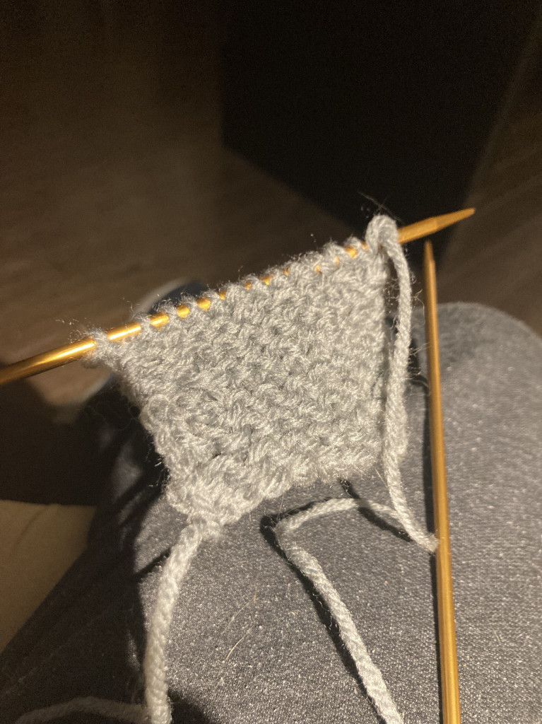 A small square of knit stiches, still on a knitting needle.