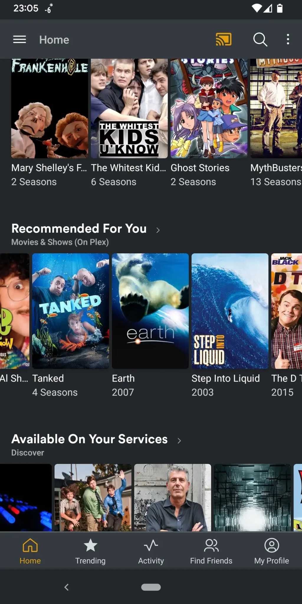 The Plex home screen.  In the Recommended For You section appears BBC Earth, represented with a cinema poster thumbnail of a polar bear, captured by the camera Dutch angle from below in clear blue water.