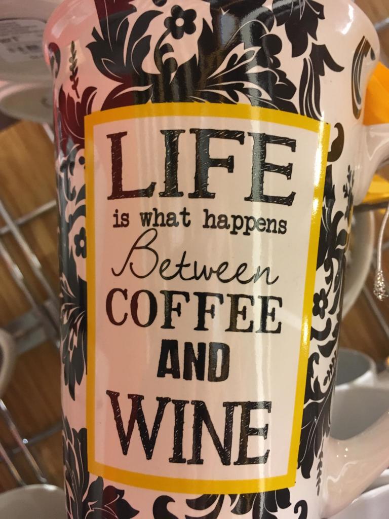 Cup reading  "Life is what happens between Coffee and Wine"