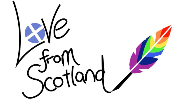Meme saying Love from Scotland with rainbow feather. 