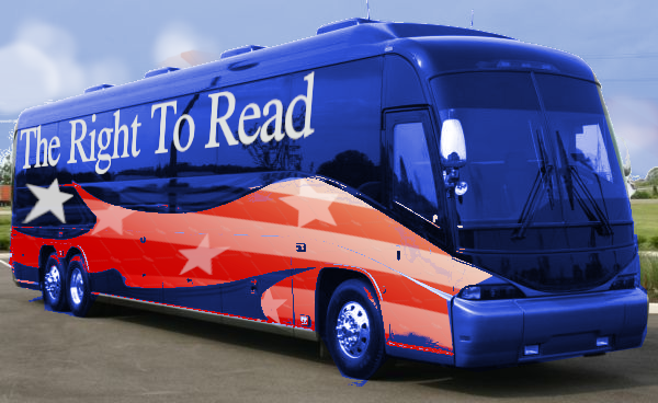 Right To Read BookMobile Bus painted with Red White and Blue decorations and "Right to Read" painted on the bus.
