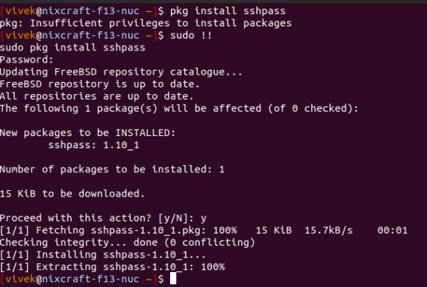 FreeBSD screenshot showing how to use '!!' to run the pkg command again.