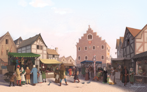 A medieval town scene with a market, showing various stalls and people.