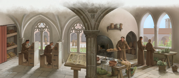 Two scenes from a monastery: monks writing in the library, and monks preparing a meal in the kitchen.