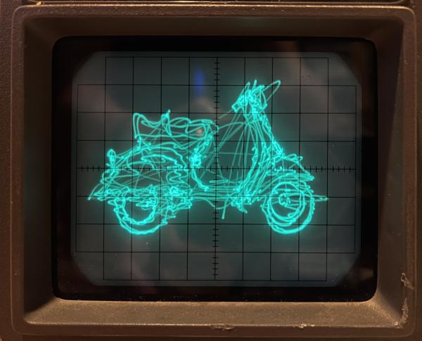 Oscilloscope display of a wireframe Vespa scooter. 