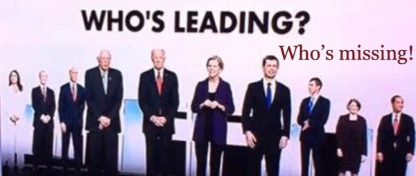 An image of all the debaters, but Kamala is missing, even though she was at the debate. In bold, black letters it says Who’s Leading? Under that to the side in red letters, it says, Who’s missing!