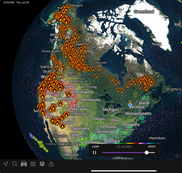 A map of North America showing wildfire locations, basically a band of them in Northern Quebec and Labrador, and many in the west stretching from Alaska and the Yukon, Western Canada, and the west of the US   Down as far as Arizona. 