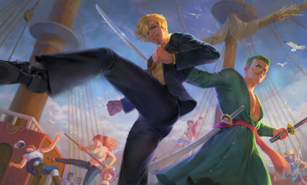 Zoro and Sanji from One Piece, standing in fighting poses on deck of the ship. In the background, canon-typical chaos.