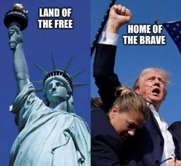 A meme taken from Truth Social. On the left, The statue of Liberty with the words land of the Free. On the right, the words home of the brave with a photo taken right after the recent shooting, was Trump holding his right fist in the air and a woman's head who appears to be cowering under his upraised arm (but actually is a secret service agent trying to pull him to the ground for his own safety).