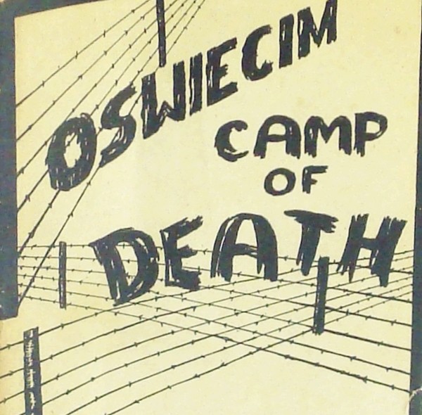 The image shows a stylized drawing on a worn, beige background. The main feature is bold text that reads "OSWIECIM CAMP OF DEATH," referring to Auschwitz, historically known as a concentration camp during World War II. The text is designed with letters seemingly made of barbed wire, symbolizing captivity and suffering. 