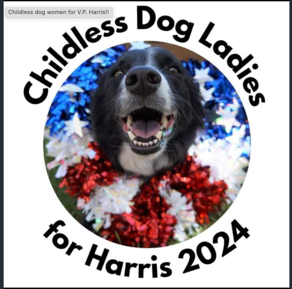 Dog in center of circle with words Childless Dog Ladies for Harris 2024.