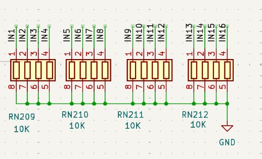 Screenshot of a KiCad schematic with a bank of 4x4 10K pulldown resistor packs.