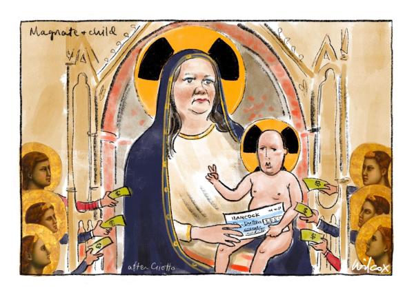 Cathy Wilcox cartoon titled "Magnate and child" 'after Giotto', showing a church scene with Mary in the middle holding a bub, both have a nuclear halo, Mary has the face of Gina Rinehart and the kid of Dutton, Mary Gina holds a bank check from Hancock addressed to Dutton, and halo-wearing church attendants handing them money left and right 