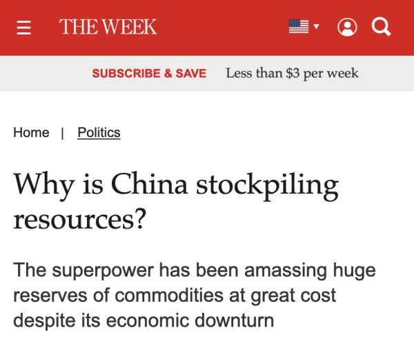 Why is China stockpiling resources?

The superpower has been amassing huge reserves of commodities at great cost despite its economic downturn