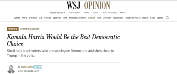 Article in the WSJ from Jason L Riley on 7/9/24 titled "Kamala Harris would be the best democratic choice"