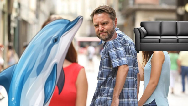 Distracted boyfriend meme, but it's JD Vance looking at a dolphin with a couch looking at him incredulously