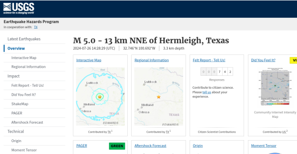 M5.0 earthquake to the east of Midland