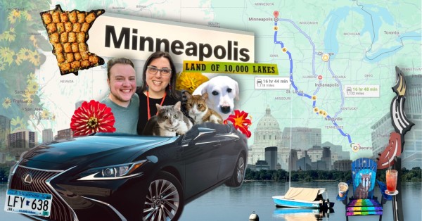 A collage featuring a Google Map showing directions from Decatur, GA to Minneapolis, MN. Other elements include: A woman and a man cutout inside a Lexus sedan with a MN license plate and two cats and a dog.