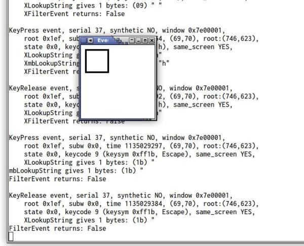 A screenshot of the xev window with the terminal window showing keycodes pressed behind it.