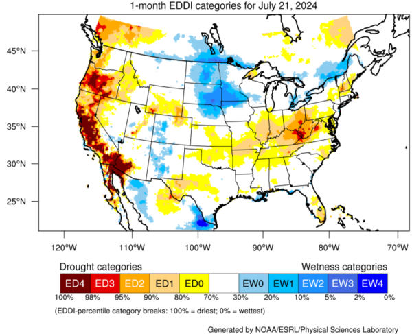 The Evaporative Demand Drought Index shows areas of anomalous drying demand across the US.