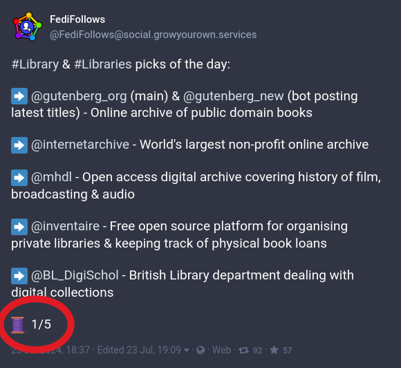 Screenshot of a post from Mastodon, with the thread symbol and 1 / 5 at the end, indicating that this is the first post in a five post thread.