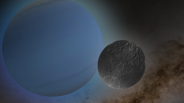 A large glowing blue sphere next to an overlapping smaller grey sphere with a craggy texture