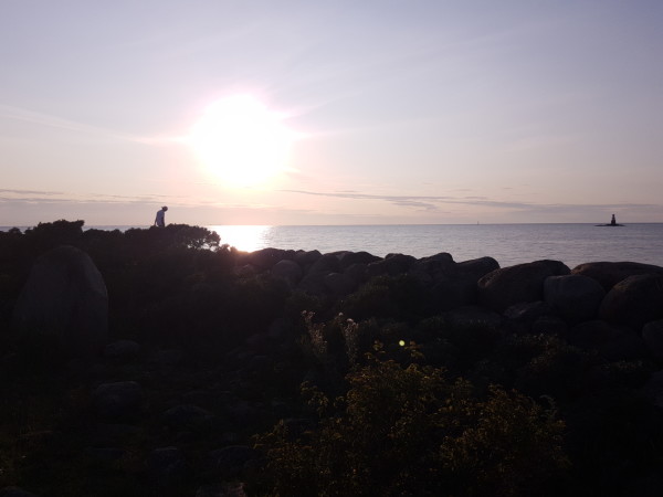 Sonnenuntergang über dem Meer. Rechts hinten ein kleiner Leuchtturm. Vorne läuft jemand über eine Steinmauer, welche von Sträuchern verdeckt wird, so dass es aussieht, als würde er auf einem Strauch stehen.