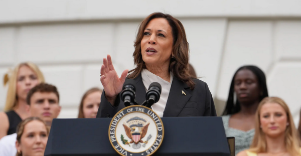 New York Times depiction of Kamala Harris speaking at a podium.