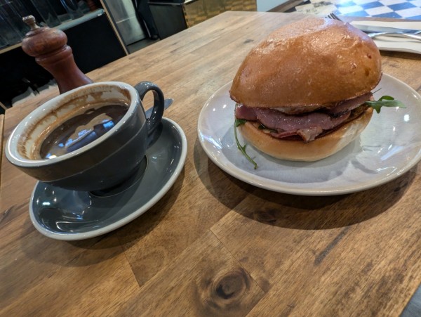 Larger long black and a beacon and egg roll