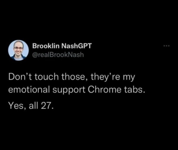 The image contains text that may be sensitive or inappropriate.

The image features a tweet from a Twitter account named @realBrookNash, which is associated with the handle Brooklin NashGPT. The tweet text reads, "Don't touch those, they're my emotional support Chrome tabs. Yes, all 27." The background of the tweet is plain white, and the text is in a standard, readable font. The Twitter interface elements such as the 'Tweet' button and the 'More' option are visible at the top right corner of the image.