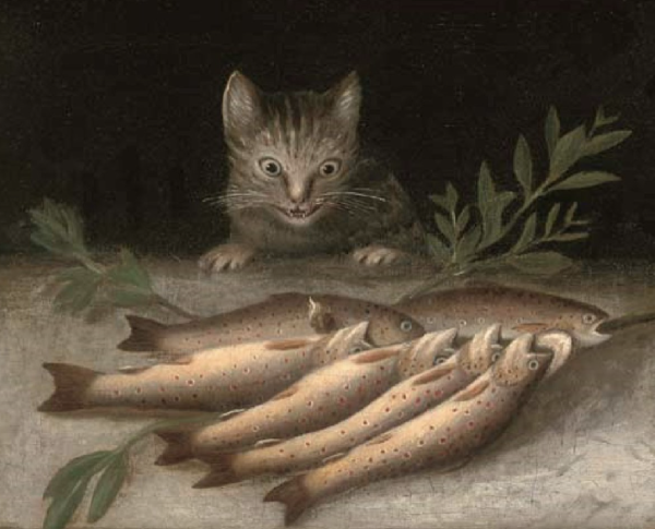 Oil painting of six fish attached to a stick, lying on a table as if brought fresh from the river. Coming over the far edge of the table is a shorthaired tabby cat with an extremely eager, wide-eyed, salivating look.