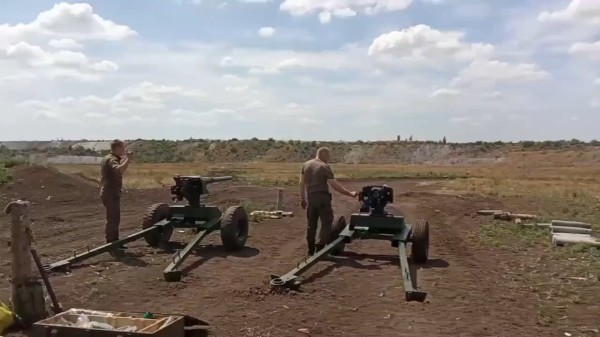 "Russian soldiers at the training ground fire from 73-mm 2A28 cannons removed from the BMP-1. This is the “Syrian experience”."