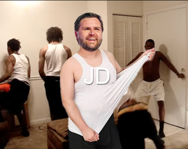 Screencap of the video of a group of guys in tank tops in a small room who are humping an ottoman with JD Vance very obviously poorly Photoshopped onto it, wearing a white tank top being stretched in a "seductive" manner with a white "JD" title card over the entire thing..