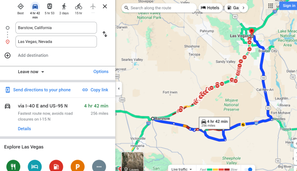 Route through the desert from barstow to Vegas