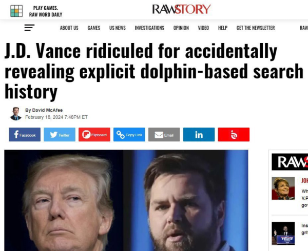 A screenshot from a RawStoty headline: “J. D. Vance ridiculed for accidentally revealing explicit dolphin-based search history”
