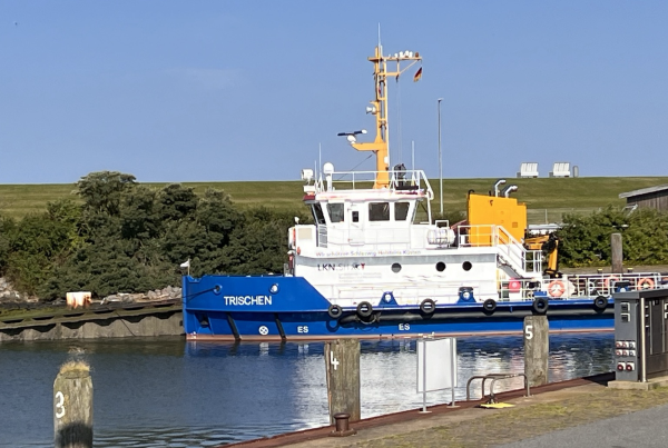 Fotografie des Schiffs "Trischen" im Hafen von Büsum. Das Schiff spiegelt sich im sehr ruhigen Wasser des Hafenbeckens. Auf dem dahinter liegenden Deich stehen 2 Bänke