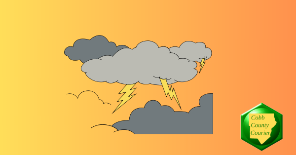 A cartoon-like color drawing of thunderclouds and three bolts of lightning